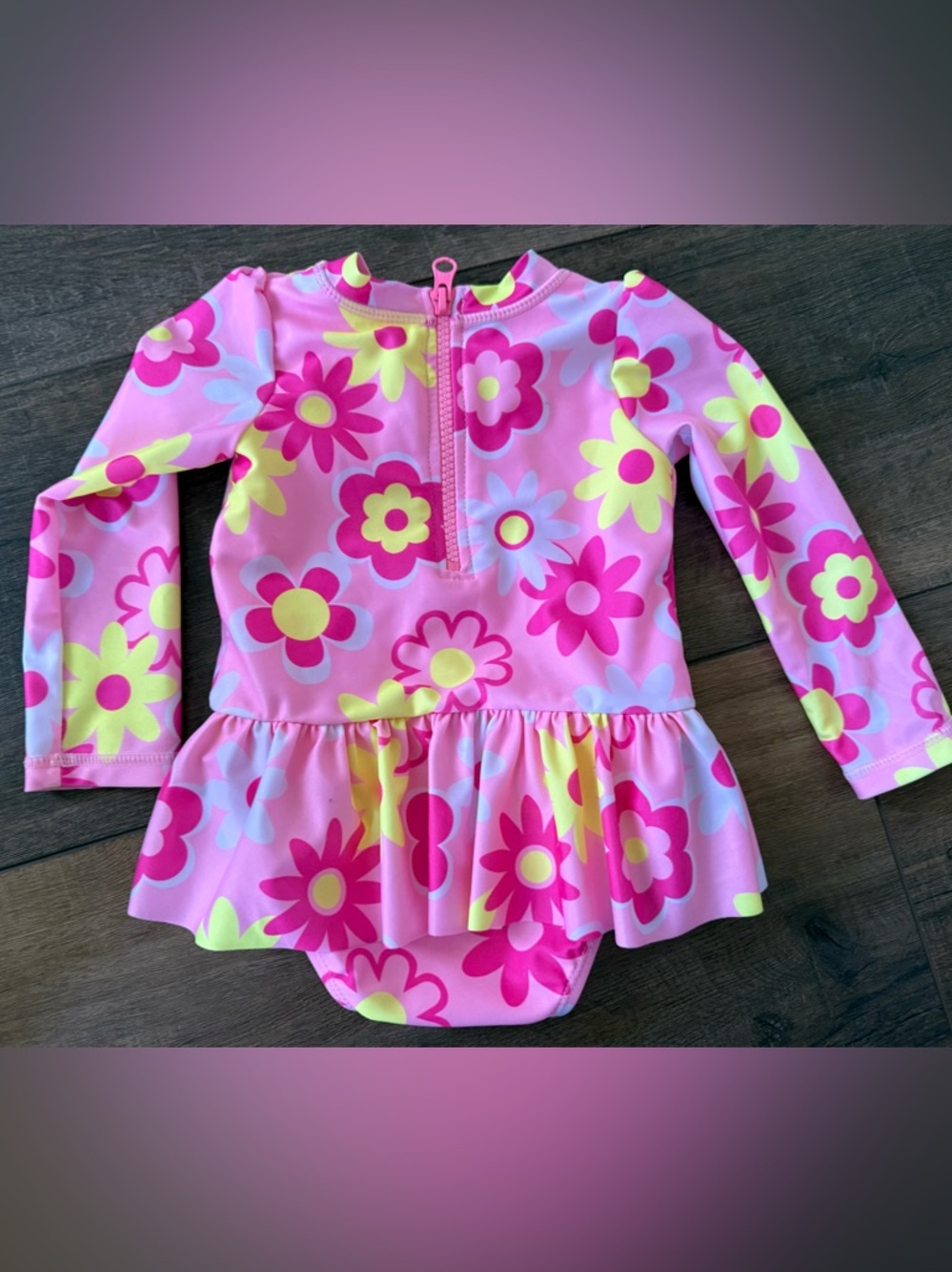 Girls Pink Floral Long-Sleeve One-Piece Swim Suit upf50 12 months nwot sol born